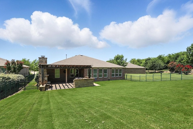 6460 Cherry Hills Dr, Frisco, TX 75036 - back of property featuring a pergola, a fenced backyard, brick siding, a patio, and a chimney