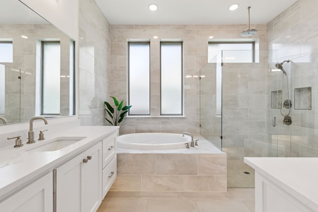 4541 Walnut Grove Ln, Prosper, TX 75078 - full bath featuring vanity, a stall shower, a bath, tile patterned floors, and recessed lighting
