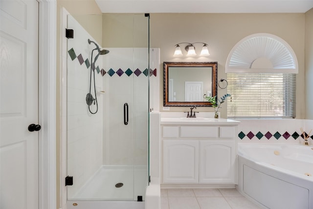 2621 Princeton Dr, Flower Mound, TX 75022 - bathroom with a stall shower, a garden tub, vanity, and tile patterned flooring