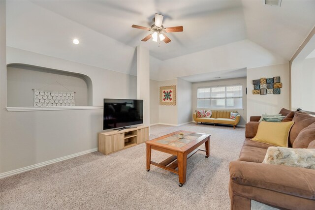 2621 Princeton Dr, Flower Mound, TX 75022 - carpeted living room with a ceiling fan and vaulted ceiling