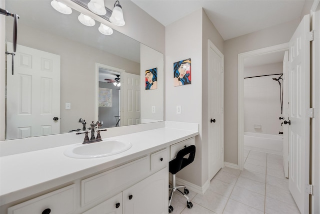 2621 Princeton Dr, Flower Mound, TX 75022 - full bath featuring vanity, tile patterned floors,  shower combination, and a ceiling fan