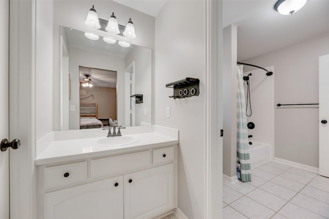 2621 Princeton Dr, Flower Mound, TX 75022 - full bath featuring vanity, tile patterned floors, ensuite bath, shower / bath combination with curtain, and ceiling fan