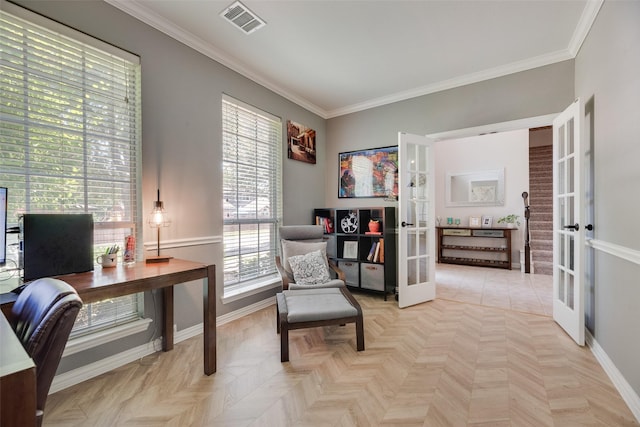 2621 Princeton Dr, Flower Mound, TX 75022 - office featuring french doors and ornamental molding