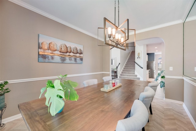 2621 Princeton Dr, Flower Mound, TX 75022 - dining area featuring arched walkways, stairs, a chandelier, and ornamental molding