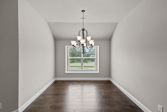 6001 Harwich Ln, Fort Worth, TX 76179 - unfurnished dining area featuring lofted ceiling, a chandelier, and dark wood finished floors