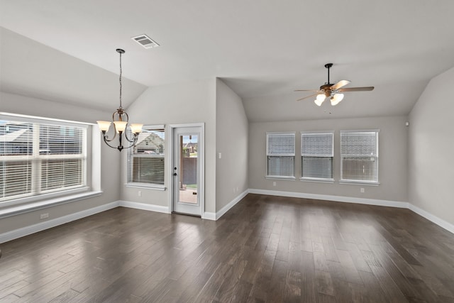 6001 Harwich Ln, Fort Worth, TX 76179 - empty room featuring vaulted ceiling, a chandelier, ceiling fan, and dark wood finished floors