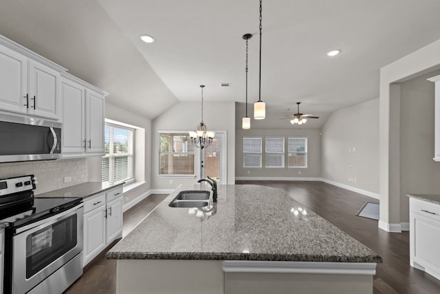 6001 Harwich Ln, Fort Worth, TX 76179 - kitchen with stainless steel appliances, a ceiling fan, lofted ceiling, dark wood-style floors, and tasteful backsplash
