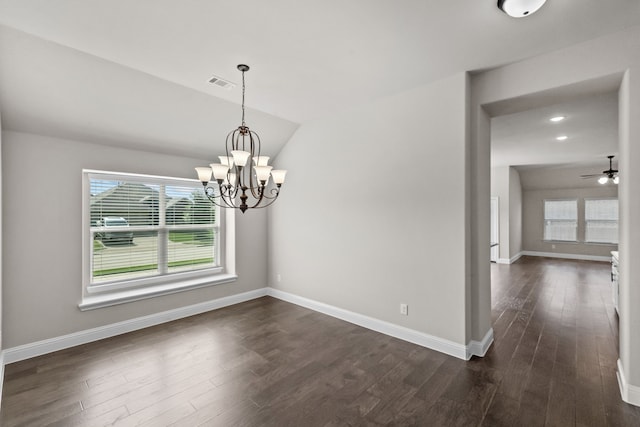 6001 Harwich Ln, Fort Worth, TX 76179 - unfurnished room featuring dark wood-type flooring, plenty of natural light, vaulted ceiling, a ceiling fan, and a chandelier