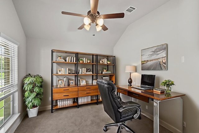 6001 Harwich Ln, Fort Worth, TX 76179 - office area featuring vaulted ceiling, carpet, and ceiling fan