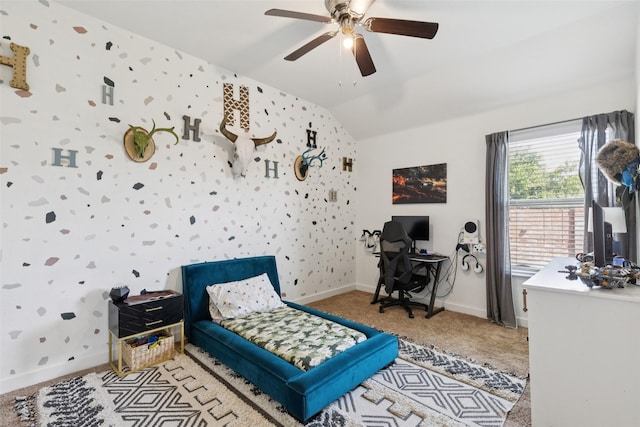 100 Tall Meadow St, Azle, TX 76020 - bedroom featuring vaulted ceiling, carpet floors, a ceiling fan, and an office area