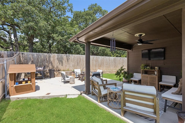 100 Tall Meadow St, Azle, TX 76020 - fenced backyard featuring outdoor lounge area, a patio area, and ceiling fan