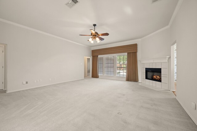 6700 Crane Rd, North Richland Hills, TX 76182 - unfurnished living room with ornamental molding, light carpet, a fireplace, and ceiling fan