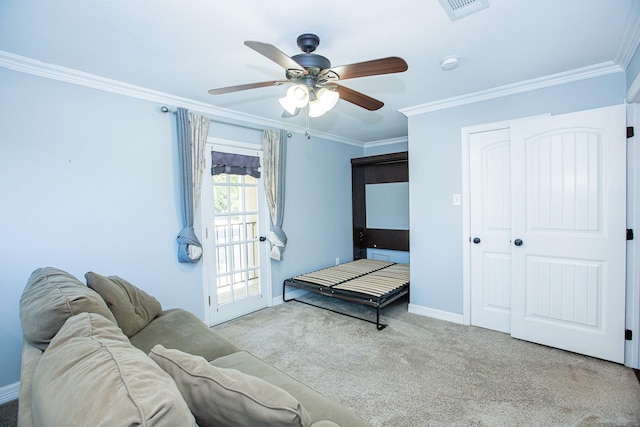 550 Briarwood Dr, Southlake, TX 76092 - carpeted bedroom with crown molding, access to exterior, and a ceiling fan