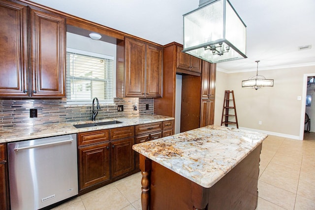 550 Briarwood Dr, Southlake, TX 76092 - kitchen featuring stainless steel dishwasher, light tile patterned flooring, decorative backsplash, light stone countertops, and ornamental molding