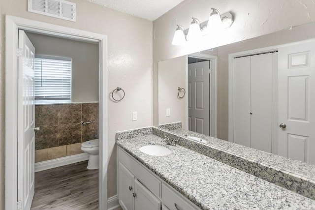 6708 Fair Meadows Dr, North Richland Hills, TX 76182 - bathroom with vanity, wood finished floors, and a textured ceiling