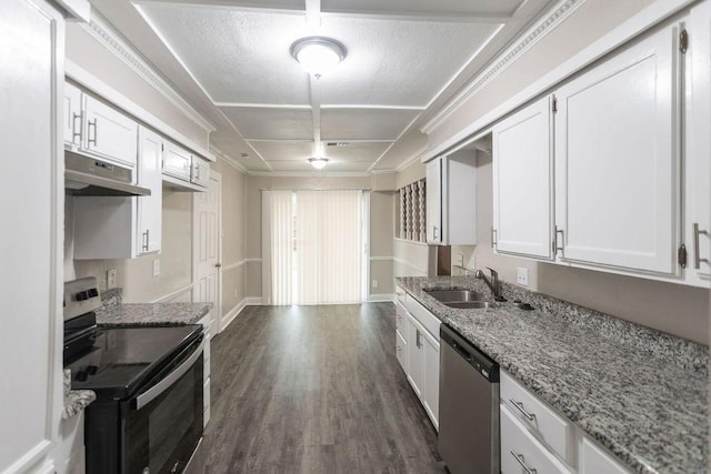 6708 Fair Meadows Dr, North Richland Hills, TX 76182 - kitchen featuring stainless steel appliances, under cabinet range hood, dark wood finished floors, light stone countertops, and white cabinetry