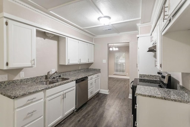 6708 Fair Meadows Dr, North Richland Hills, TX 76182 - kitchen featuring stainless steel appliances, white cabinetry, dark wood-type flooring, light stone counters, and crown molding