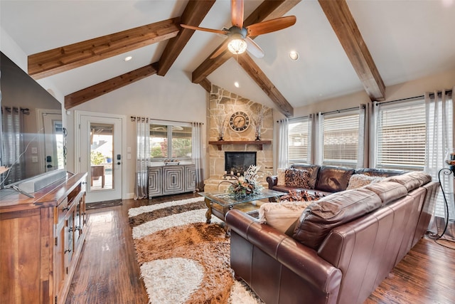 5005 Parkplace Dr, Denton, TX 76226 - living room with a stone fireplace, wood finished floors, a ceiling fan, and recessed lighting