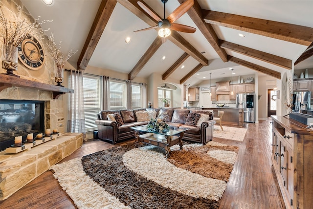 5005 Parkplace Dr, Denton, TX 76226 - living area with recessed lighting, light wood-style floors, a ceiling fan, and a fireplace