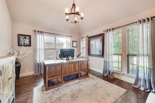 5005 Parkplace Dr, Denton, TX 76226 - home office featuring healthy amount of natural light, a chandelier, vaulted ceiling, and dark wood-style flooring