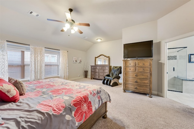 5005 Parkplace Dr, Denton, TX 76226 - bedroom featuring carpet flooring, vaulted ceiling, and a ceiling fan