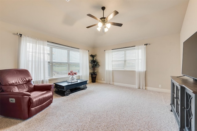 5005 Parkplace Dr, Denton, TX 76226 - living area with a ceiling fan, plenty of natural light, carpet, and vaulted ceiling