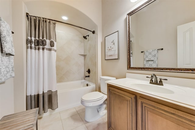5005 Parkplace Dr, Denton, TX 76226 - bathroom featuring shower / bathtub combination with curtain, vanity, and tile patterned flooring