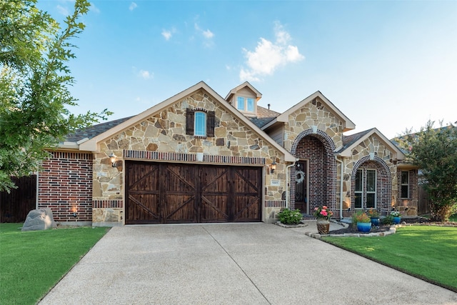 5005 Parkplace Dr, Denton, TX 76226 - view of front facade featuring stone siding, an attached garage, a front lawn, and driveway