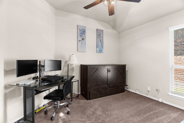 1104 Cheyenne Dr, Aubrey, TX 76227 - home office with carpet flooring, a ceiling fan, and lofted ceiling