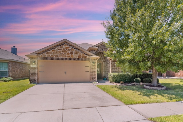 1104 Cheyenne Dr, Aubrey, TX 76227 - french country home with brick siding, a front yard, an attached garage, and concrete driveway