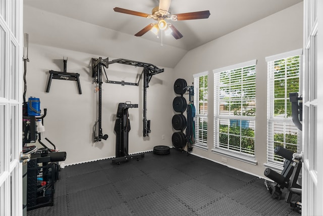 1104 Cheyenne Dr, Aubrey, TX 76227 - workout area featuring vaulted ceiling and ceiling fan