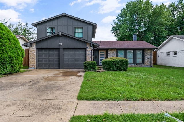 2304 Spanish Trl, Irving, TX 75060 - view of front of property featuring a front lawn, concrete driveway, a chimney, a garage, and roof with shingles
