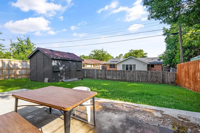 2304 Spanish Trl, Irving, TX 75060 - fenced backyard with a shed, a patio, and outdoor dining space