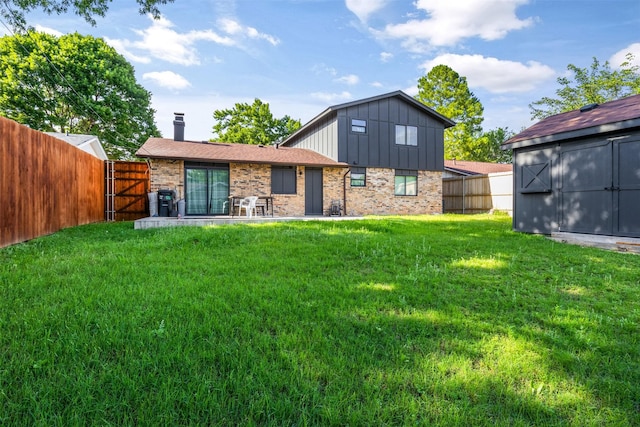 2304 Spanish Trl, Irving, TX 75060 - back of house featuring board and batten siding, a fenced backyard, a chimney, a gate, and brick siding