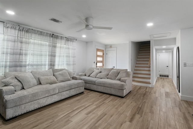 2304 Spanish Trl, Irving, TX 75060 - living area with light wood-type flooring, ceiling fan, stairway, recessed lighting, and attic access