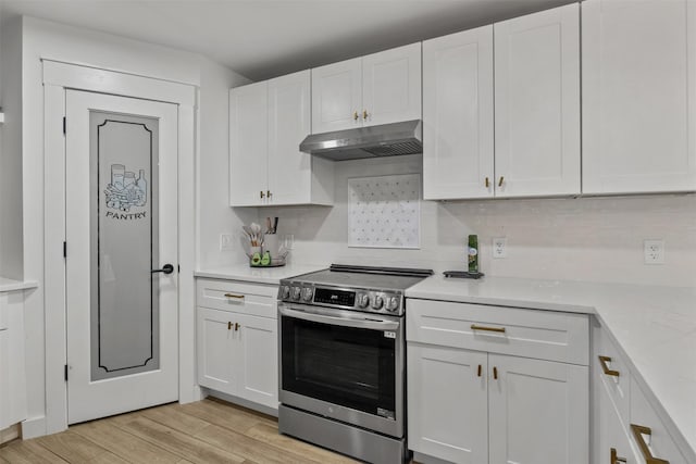 2304 Spanish Trl, Irving, TX 75060 - kitchen featuring stainless steel electric range oven, under cabinet range hood, white cabinetry, light wood-style floors, and tasteful backsplash