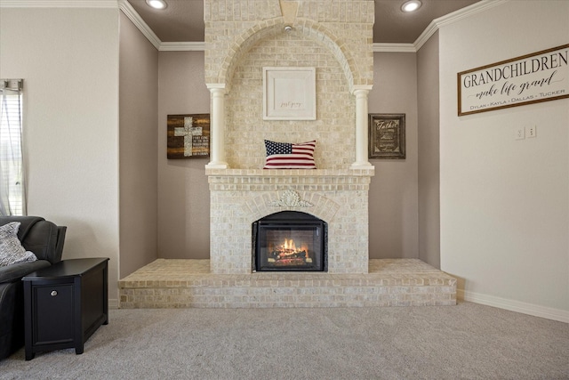 2030 Hills Ct, Stephenville, TX 76401 - unfurnished living room with carpet flooring, ornamental molding, recessed lighting, and a fireplace