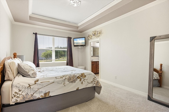 2030 Hills Ct, Stephenville, TX 76401 - bedroom with carpet, a raised ceiling, crown molding, and ensuite bathroom