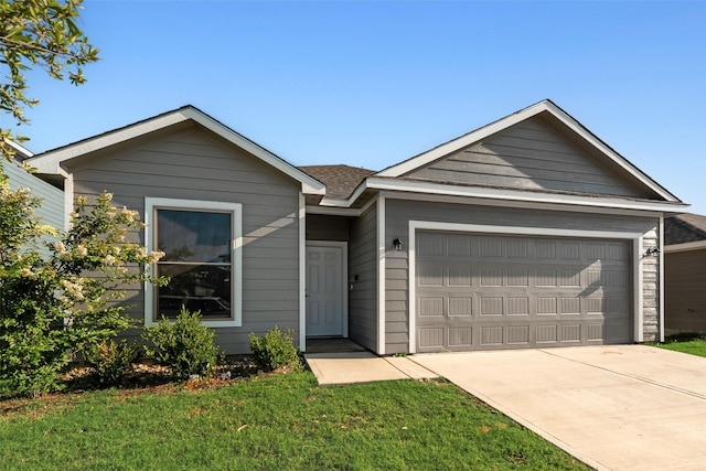 13625 Musselshell Dr, Ponder, TX 76259 - ranch-style house with an attached garage, driveway, a front lawn, and roof with shingles