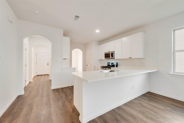 13625 Musselshell Dr, Ponder, TX 76259 - kitchen with stainless steel appliances, arched walkways, wood finished floors, light countertops, and white cabinets