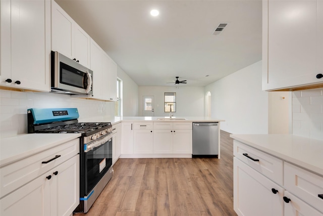 13625 Musselshell Dr, Ponder, TX 76259 - kitchen featuring stainless steel appliances, a peninsula, ceiling fan, backsplash, and light countertops