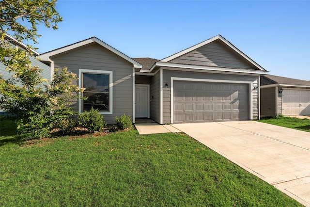 13625 Musselshell Dr, Ponder, TX 76259 - ranch-style home featuring an attached garage, a front lawn, driveway, and roof with shingles