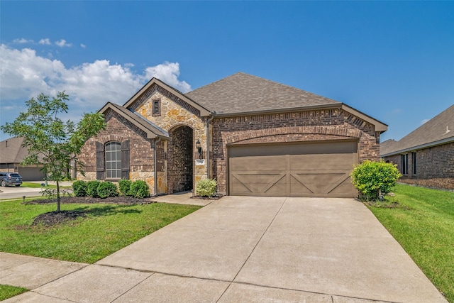 1304 Meridian Dr, Forney, TX 75126 - french country style house with brick siding, a front lawn, concrete driveway, an attached garage, and roof with shingles