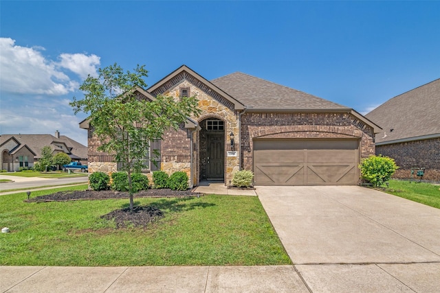 1304 Meridian Dr, Forney, TX 75126 - french country home with stone siding, a front yard, driveway, an attached garage, and brick siding