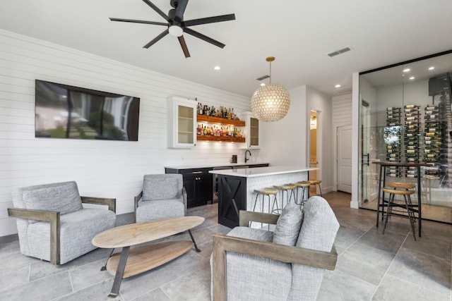 4705 Clydesdale Dr, Flower Mound, TX 75028 - living room with wet bar, recessed lighting, and ceiling fan