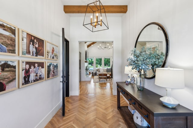 4705 Clydesdale Dr, Flower Mound, TX 75028 - hall featuring a chandelier, beam ceiling, and a high ceiling