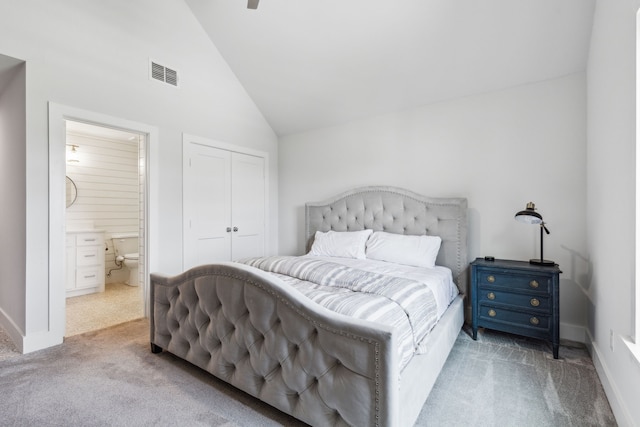 4705 Clydesdale Dr, Flower Mound, TX 75028 - carpeted bedroom featuring a closet, connected bathroom, and high vaulted ceiling