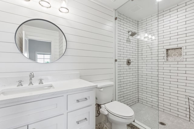 4705 Clydesdale Dr, Flower Mound, TX 75028 - full bathroom with a stall shower, vanity, and wooden walls