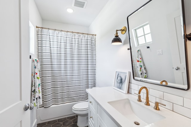 4705 Clydesdale Dr, Flower Mound, TX 75028 - bathroom with vanity, tile patterned flooring, decorative backsplash, and shower / bath combo
