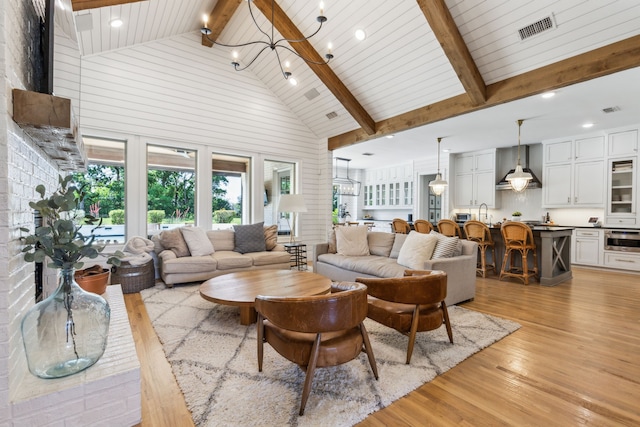 4705 Clydesdale Dr, Flower Mound, TX 75028 - living room with a chandelier, high vaulted ceiling, light wood-style flooring, wood walls, and a wooden ceiling with exposed beams
